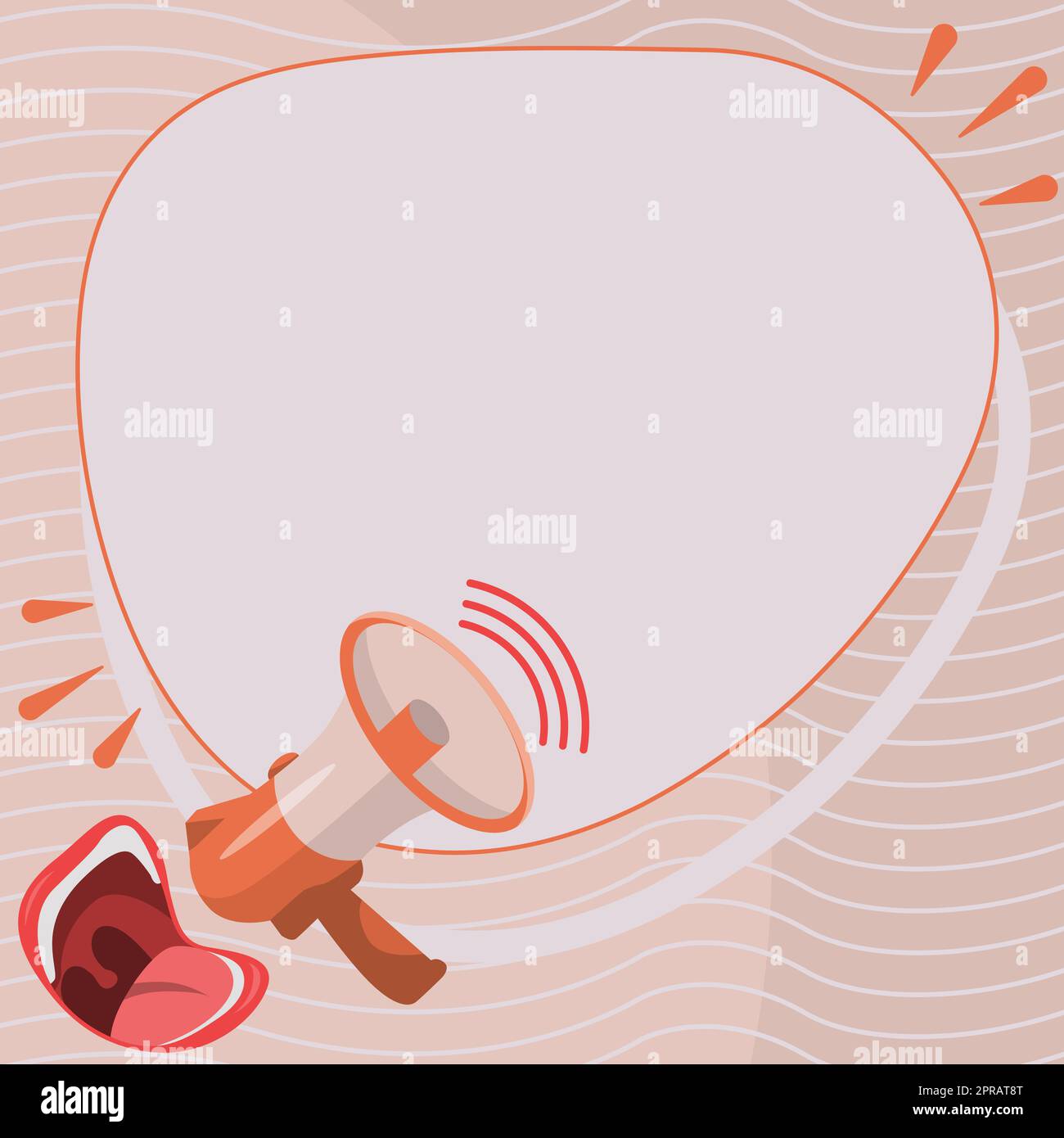 Grande bocca parlando Megaphone disegno con conversazione Bubble mostrando nuovo annuncio. Dispositivo vocale Bullhorn con bollatura vocale che presenta i messaggi. Foto Stock