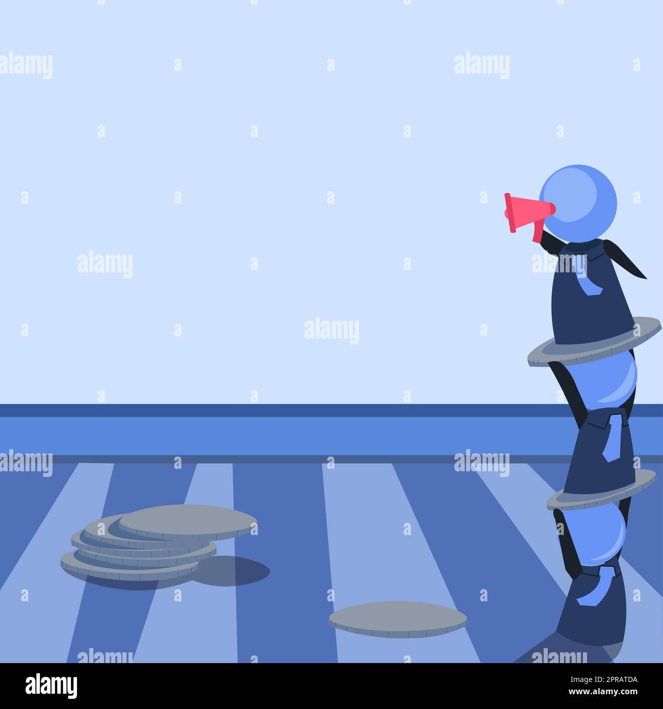 Robot in piedi l'uno sopra l'altro e presentare messaggi importanti con Megaphone. Uomini robotici che mostrano le informazioni di Cruial. Idee critiche visualizzate. Foto Stock