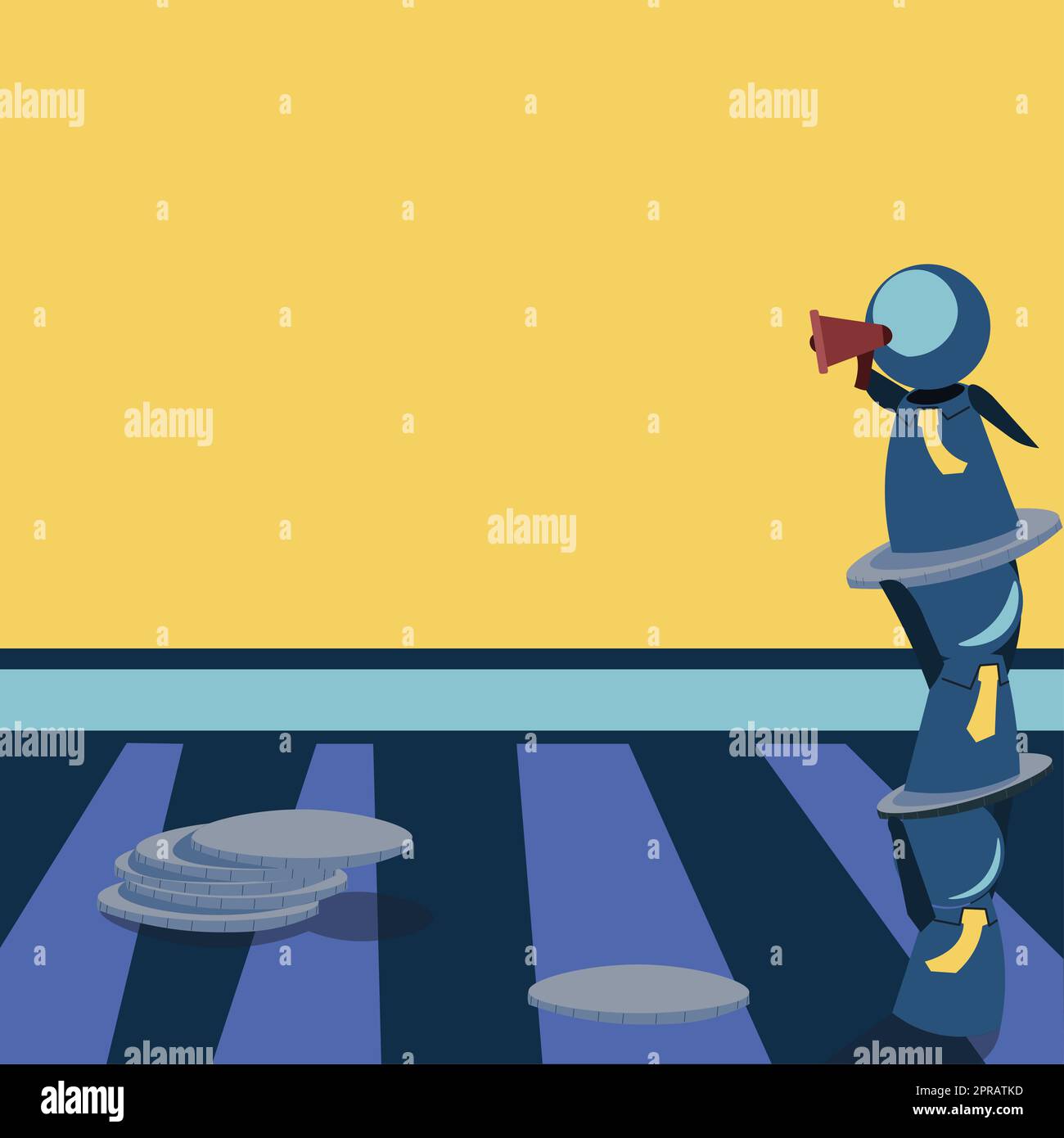 Robot in piedi l'uno sopra l'altro e presentare messaggi importanti con Megaphone. Uomini robotici che mostrano le informazioni di Cruial. Idee critiche visualizzate. Foto Stock