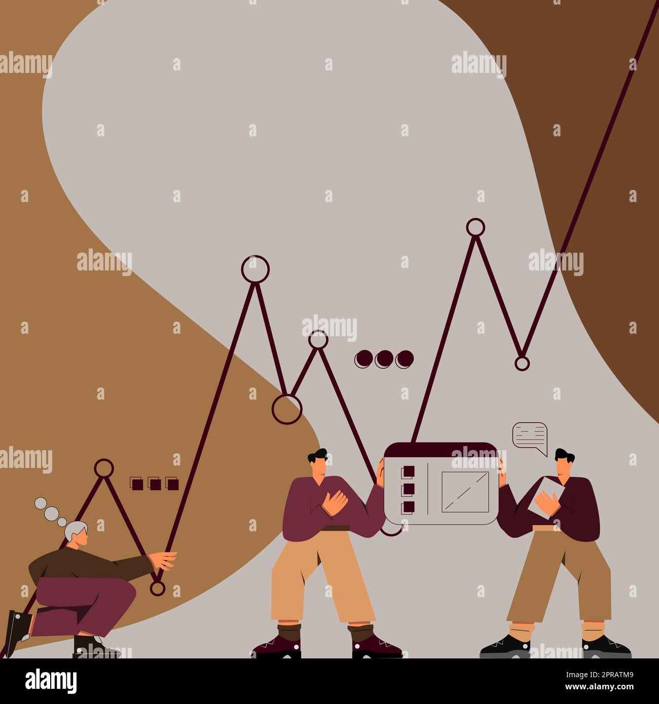 Tre uomini con corpi oversize preparando grafici che rappresentano la crescita del business e decreti. Colegues preparazione dell'installazione del grafico collegamento delle tabelle alla scheda Foto Stock