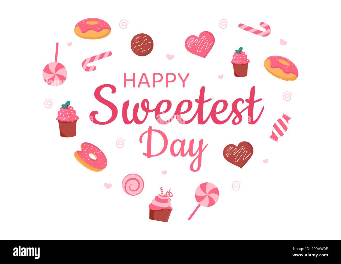 Buon giorno di festa dolce il 21 ottobre l'illustrazione piatta del cartoon disegnata a mano con i cupcakes e la caramella in uno sfondo rosa Foto Stock