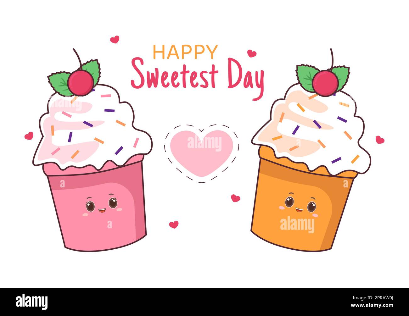 Buon giorno di festa dolce il 21 ottobre l'illustrazione piatta del cartoon disegnata a mano con i cupcakes e la caramella in uno sfondo rosa Foto Stock