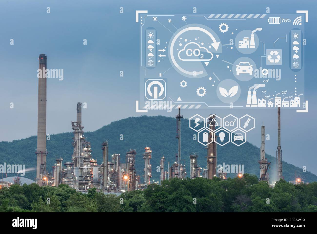 Industria delle raffinerie di petrolio con icone ambientali per lo sviluppo sostenibile da parte delle energie alternative Foto Stock