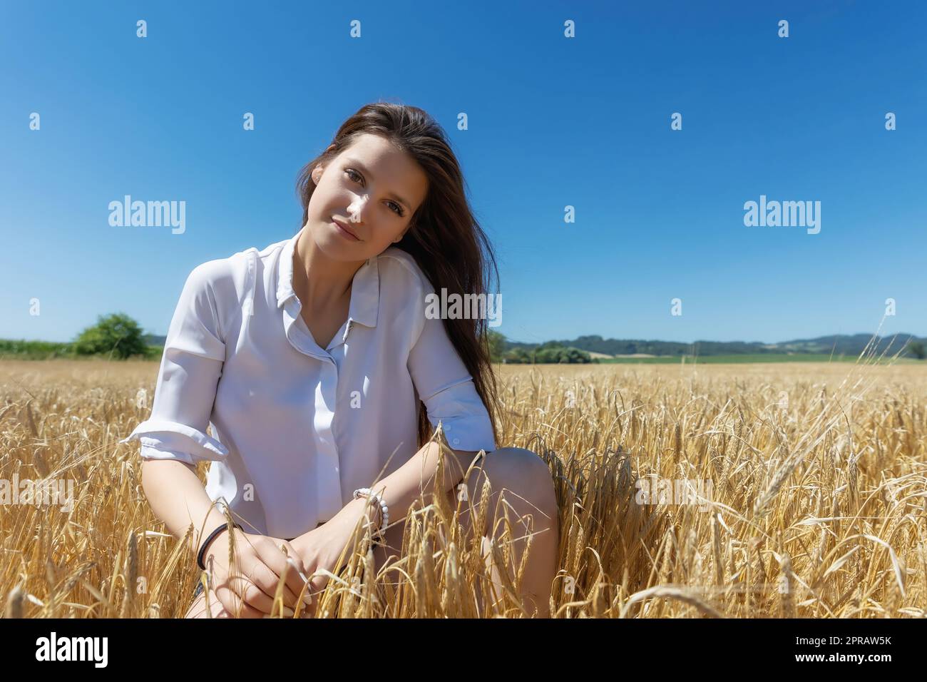 La giovane bruna sta fingendo in un campo di grano Foto Stock