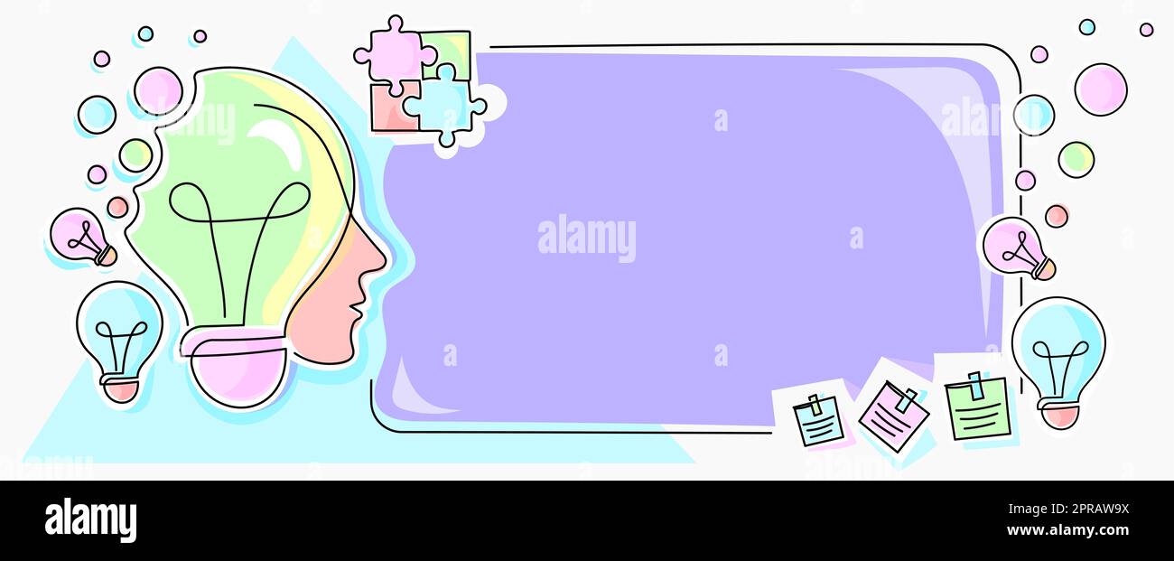 Uomo con lampadine e pezzi di Puzzle intorno a pensare nuove idee. Uomo d'affari ragionamento informazioni importanti sul Presentation Board. Executive che presenta gli aggiornamenti recenti. Foto Stock