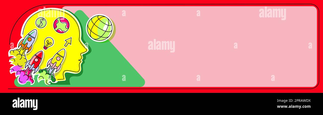 Testa Silhouette che esplodono di idee come Rocket Symbols. Uomo pensare nuove informazioni Cruziali. Uomo d'affari che mostra gli aggiornamenti con i simboli. Il dirigente sta prendendo le decisioni in mente. Foto Stock