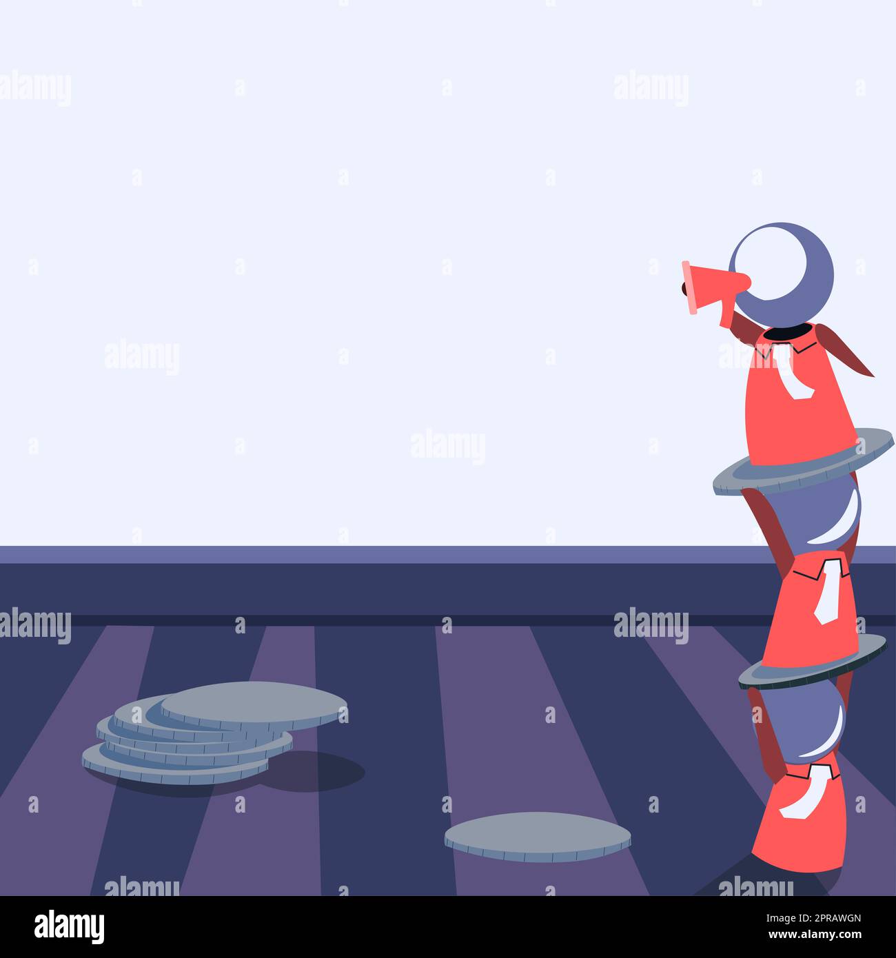 Robot in piedi l'uno sopra l'altro e presentare messaggi importanti con Megaphone. Uomini robotici che mostrano le informazioni di Cruial. Idee critiche visualizzate. Foto Stock