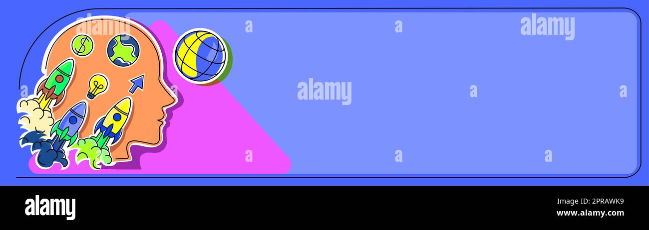 Testa Silhouette che esplodono di idee come Rocket Symbols. Uomo pensare nuove informazioni Cruziali. Uomo d'affari che mostra gli aggiornamenti con i simboli. Il dirigente sta prendendo le decisioni in mente. Foto Stock