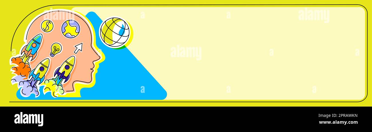 Testa Silhouette che esplodono di idee come Rocket Symbols. Uomo pensare nuove informazioni Cruziali. Uomo d'affari che mostra gli aggiornamenti con i simboli. Il dirigente sta prendendo le decisioni in mente. Foto Stock