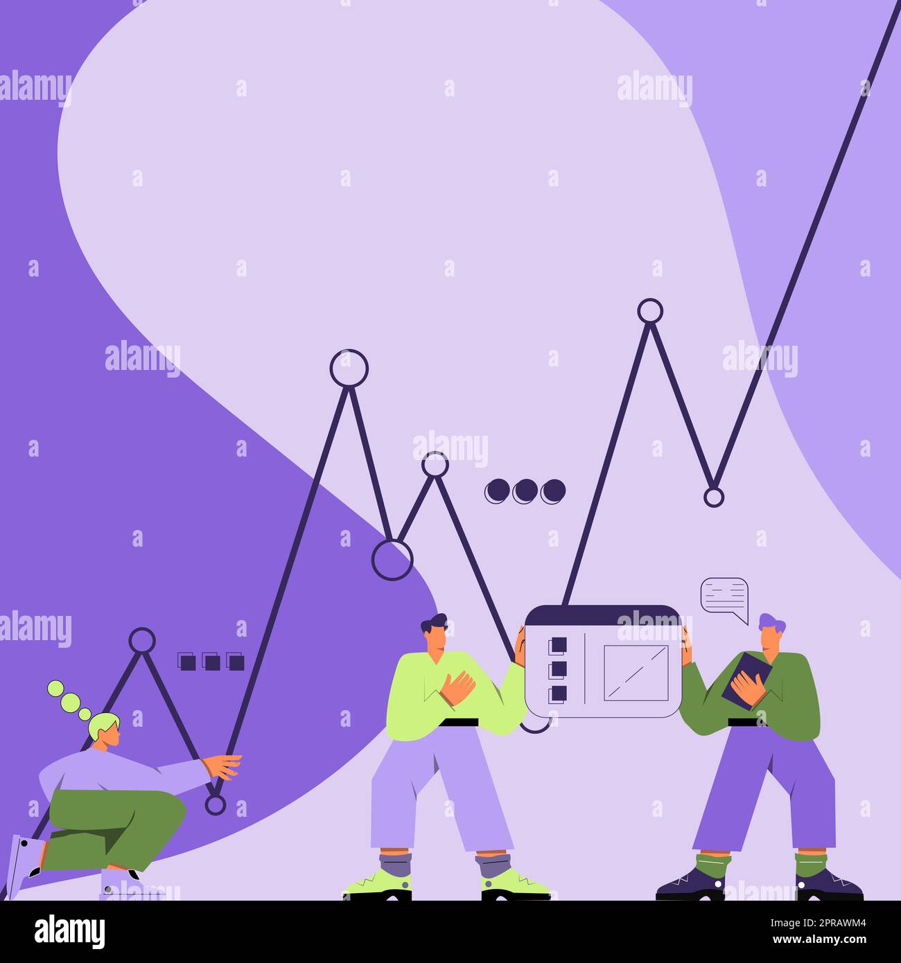 Tre uomini con corpi oversize preparando grafici che rappresentano la crescita del business e decreti. Colegues preparazione dell'installazione del grafico collegamento delle tabelle alla scheda Foto Stock