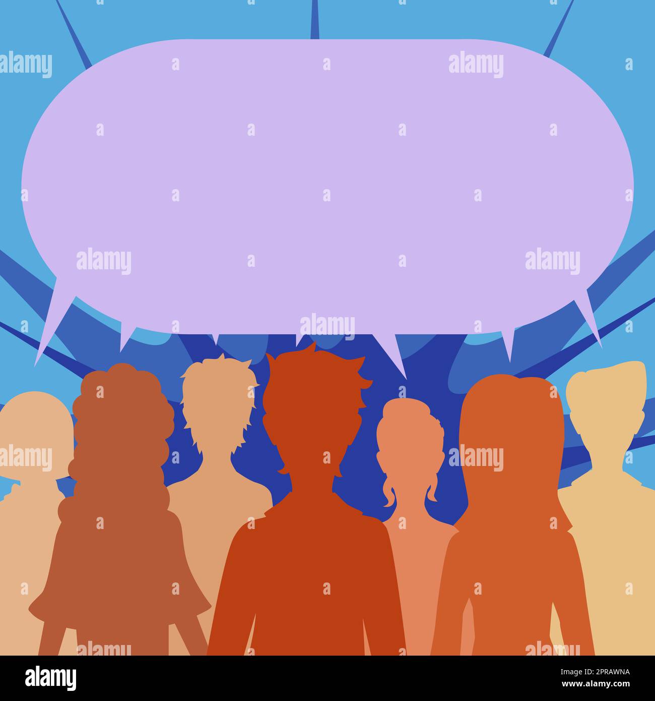 Gruppo di persone che condividono informazioni importanti in Speech Bubble. Il team aziendale presenta gli annunci critici in una mongolfiera United Dialogue. Viene visualizzato il messaggio Cruial (crociera). Foto Stock