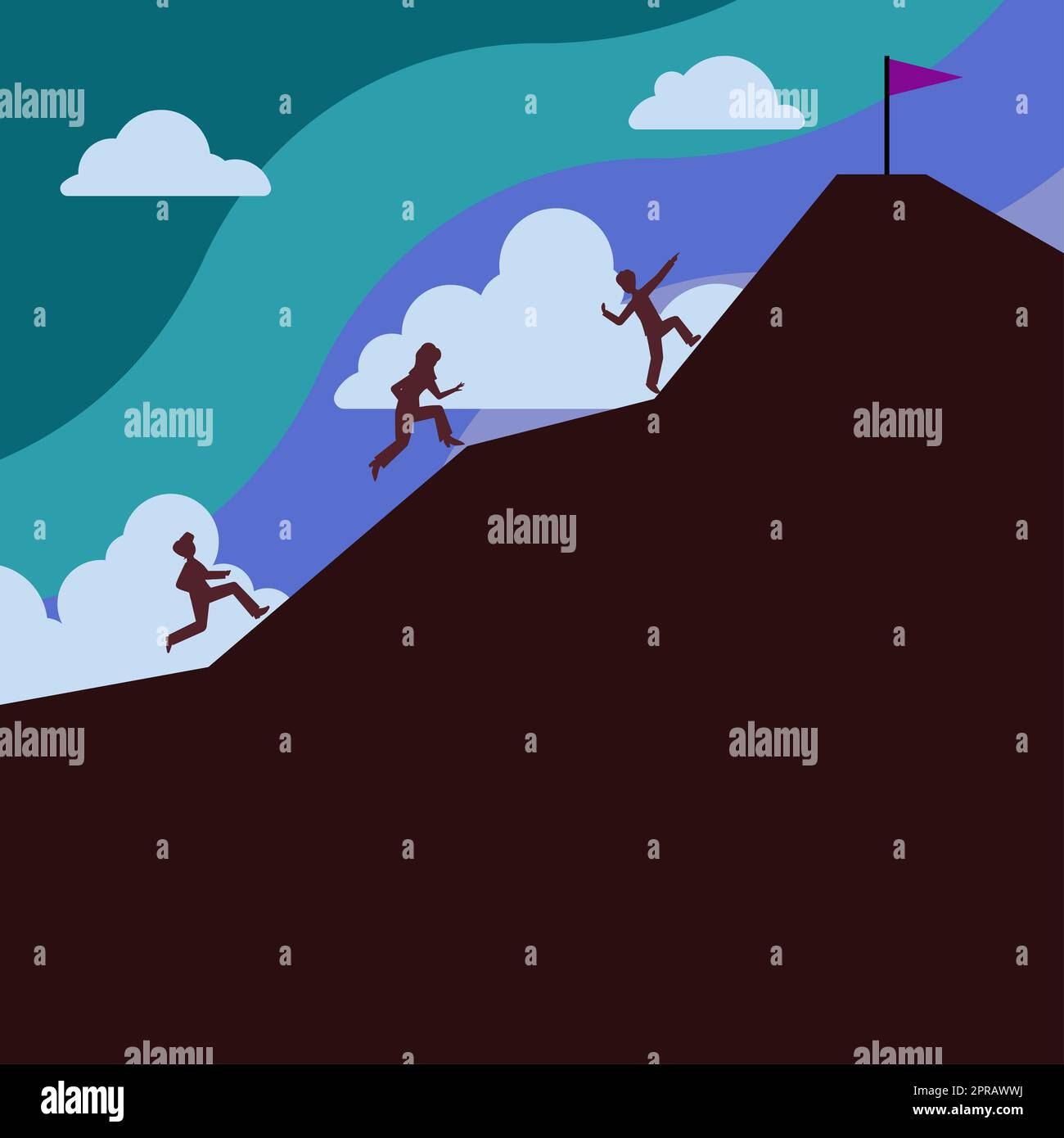Il team aziendale si arrampicerà in montagna per raggiungere l'obiettivo. Gruppo di persone che saltano in collina per catturare Una bandiera in cima. Uomini e donne Escursionismo con nuvole in cielo con nuove idee scritto sotto. Foto Stock