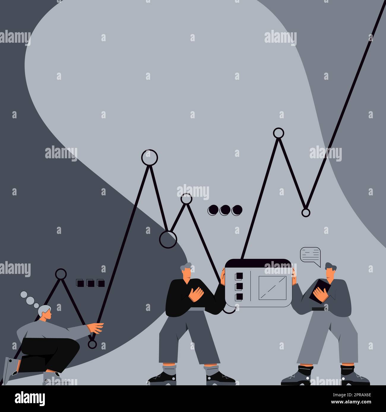 Tre uomini con corpi oversize preparando grafici che rappresentano la crescita del business e decreti. Colegues preparazione dell'installazione del grafico collegamento delle tabelle alla scheda Foto Stock