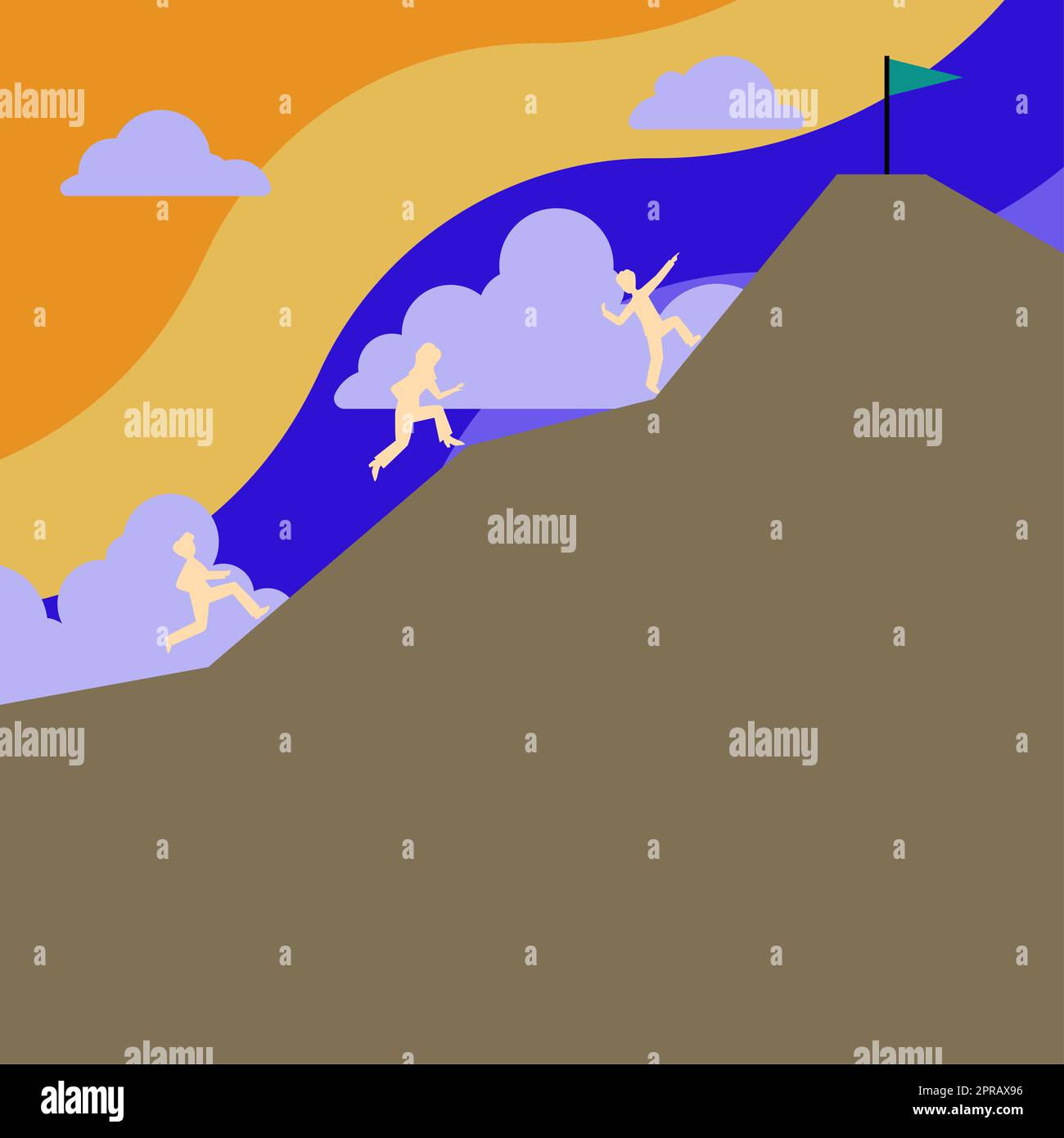 Il team aziendale si arrampicerà in montagna per raggiungere l'obiettivo. Gruppo di persone che saltano in collina per catturare Una bandiera in cima. Uomini e donne Escursionismo con nuvole in cielo con nuove idee scritto sotto. Foto Stock