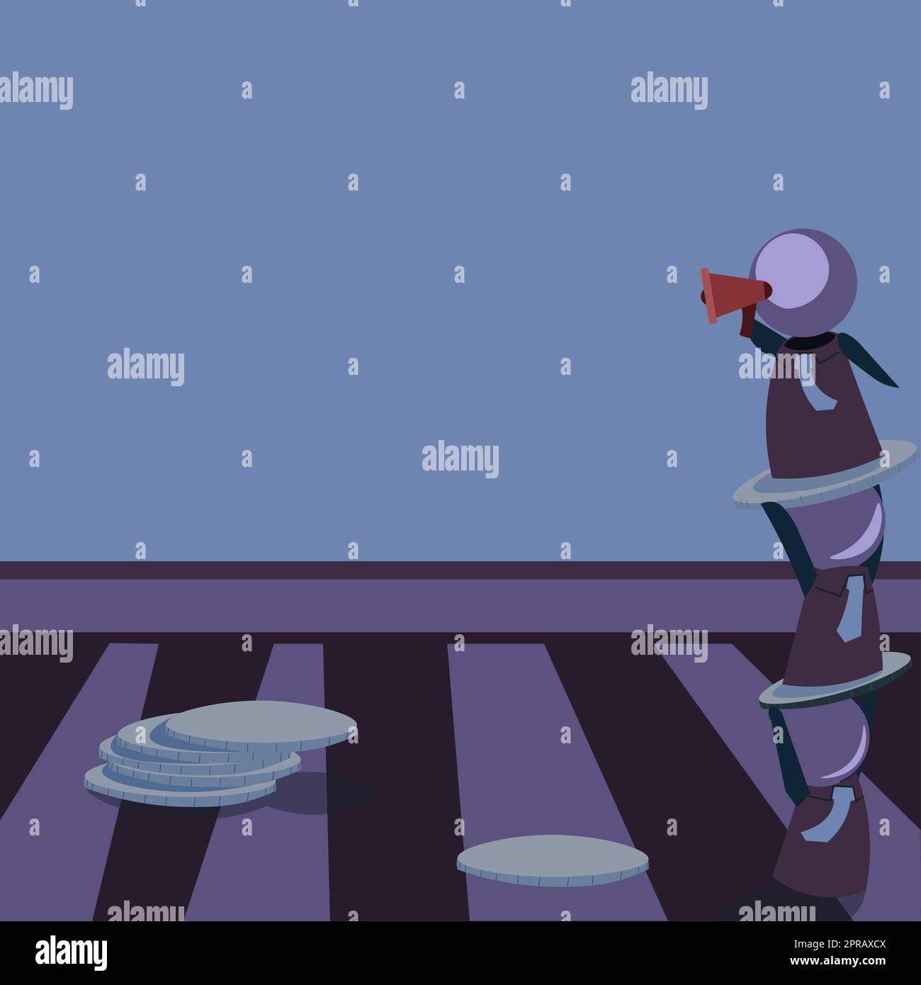 Robot in piedi l'uno sopra l'altro e presentare messaggi importanti con Megaphone. Uomini robotici che mostrano le informazioni di Cruial. Idee critiche visualizzate. Foto Stock