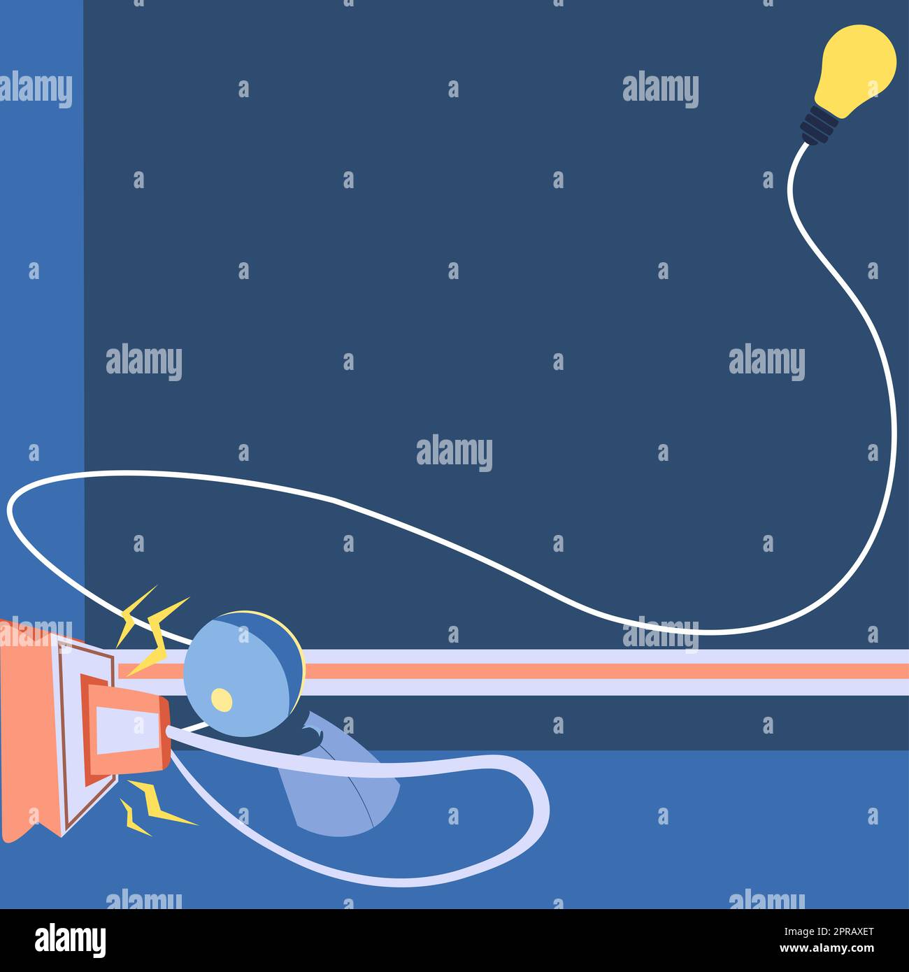 Zoccolo di fissaggio disegno robot con lampadina ad angolo. Uomo robotico che si prende cura della spina con lampadina incandescente sul lato e che presenta un messaggio importante. Foto Stock