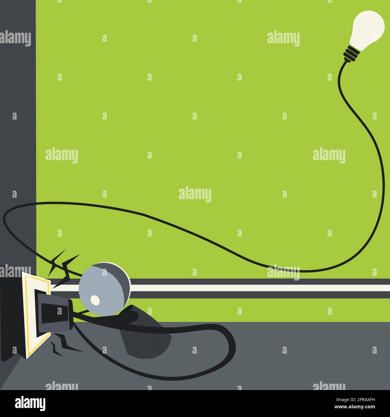 Zoccolo di fissaggio disegno robot con lampadina ad angolo. Uomo robotico che si prende cura della spina con lampadina incandescente sul lato e che presenta un messaggio importante. Foto Stock