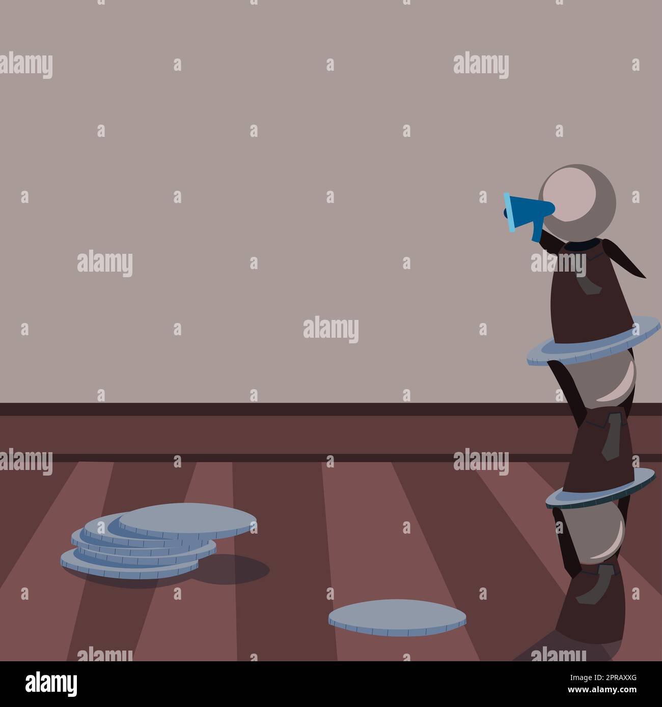 Robot in piedi l'uno sopra l'altro e presentare messaggi importanti con Megaphone. Uomini robotici che mostrano le informazioni di Cruial. Idee critiche visualizzate. Foto Stock