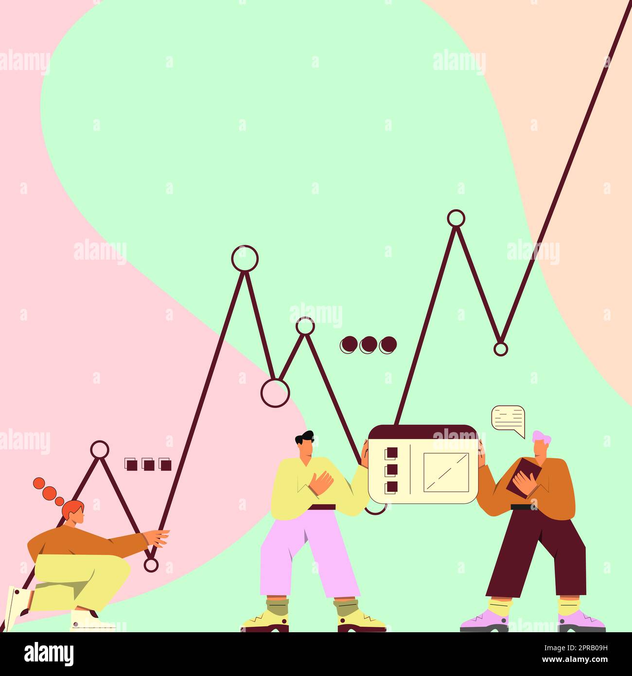 Tre uomini con corpi oversize preparando grafici che rappresentano la crescita del business e decreti. Colegues preparazione dell'installazione del grafico collegamento delle tabelle alla scheda Foto Stock