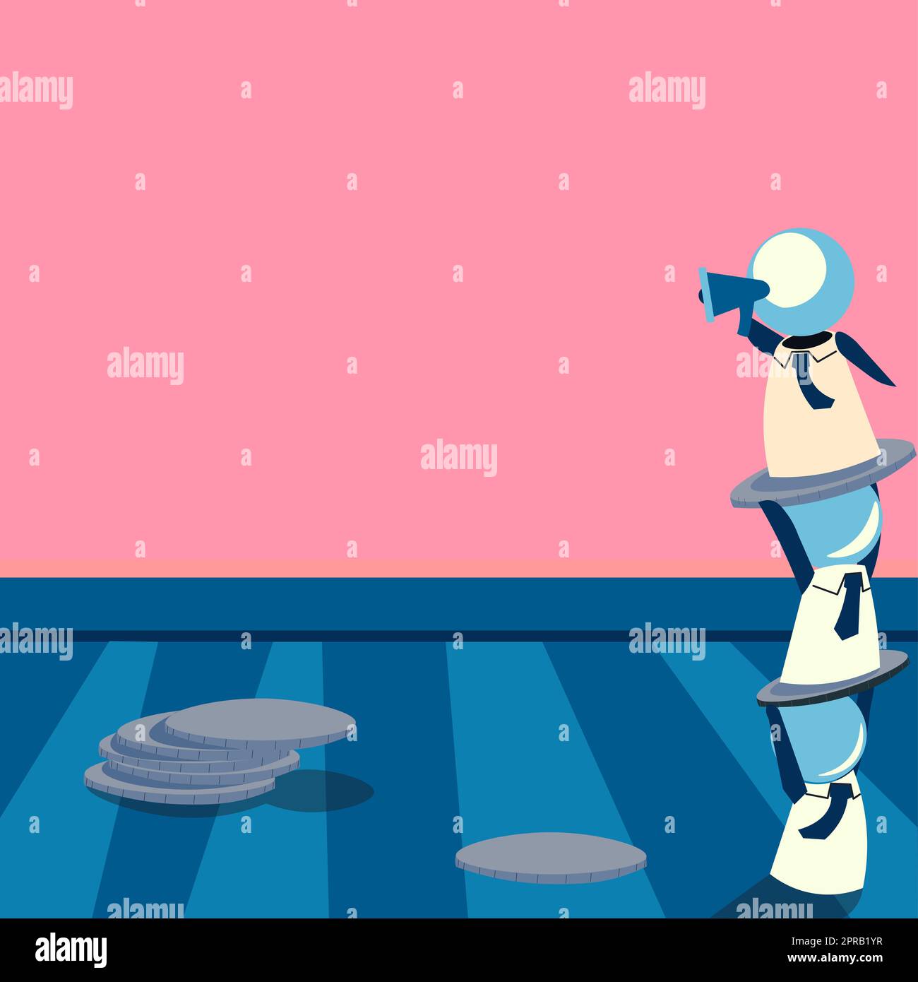 Robot in piedi l'uno sopra l'altro e presentare messaggi importanti con Megaphone. Uomini robotici che mostrano le informazioni di Cruial. Idee critiche visualizzate. Foto Stock