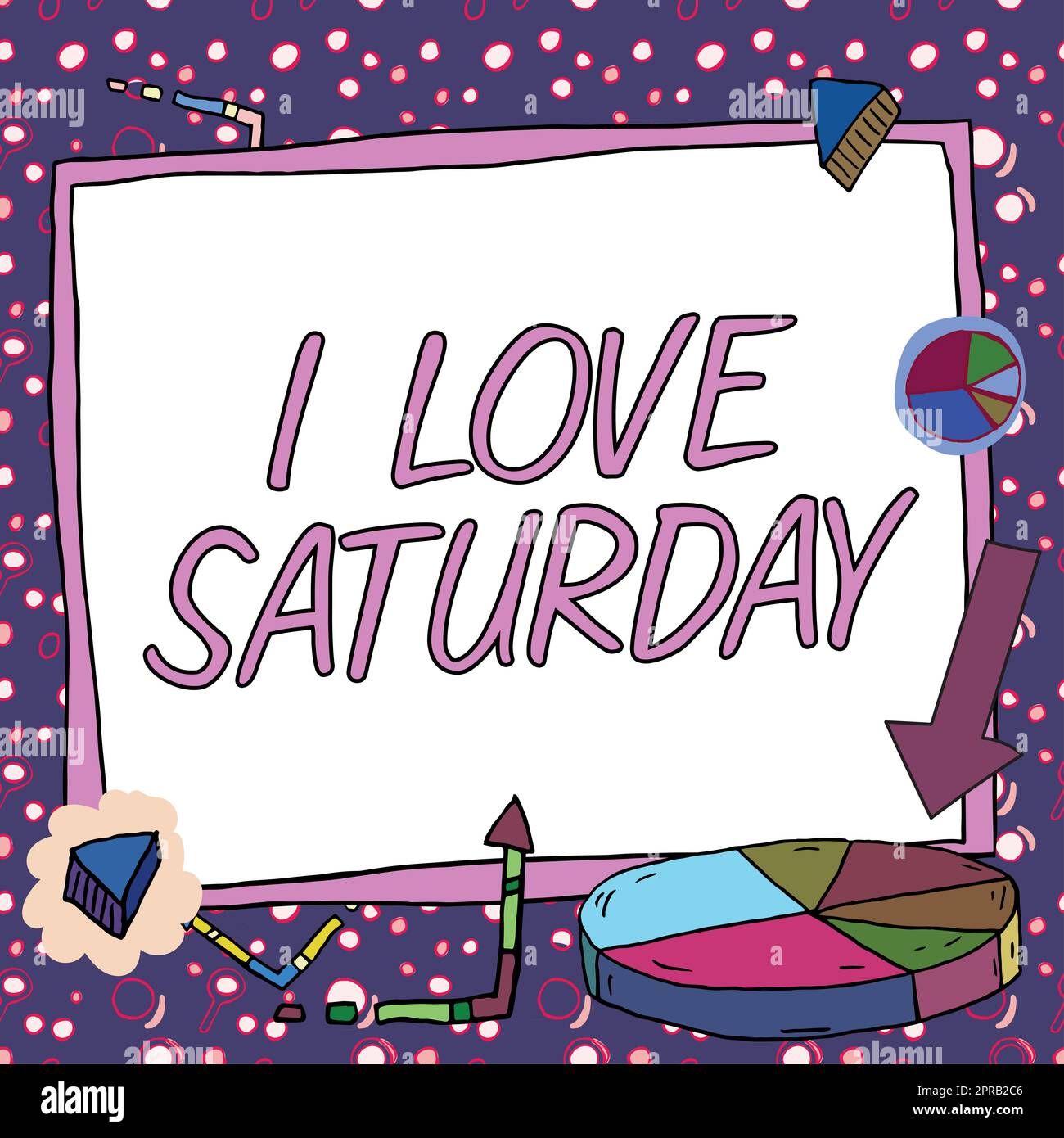 Didascalia concettuale i Love Saturday. Concetto che significa avere affetto per il fine settimana felice eccitato relax nuove idee presentate sulla bacheca di presentazione con grafici e frecce intorno Foto Stock