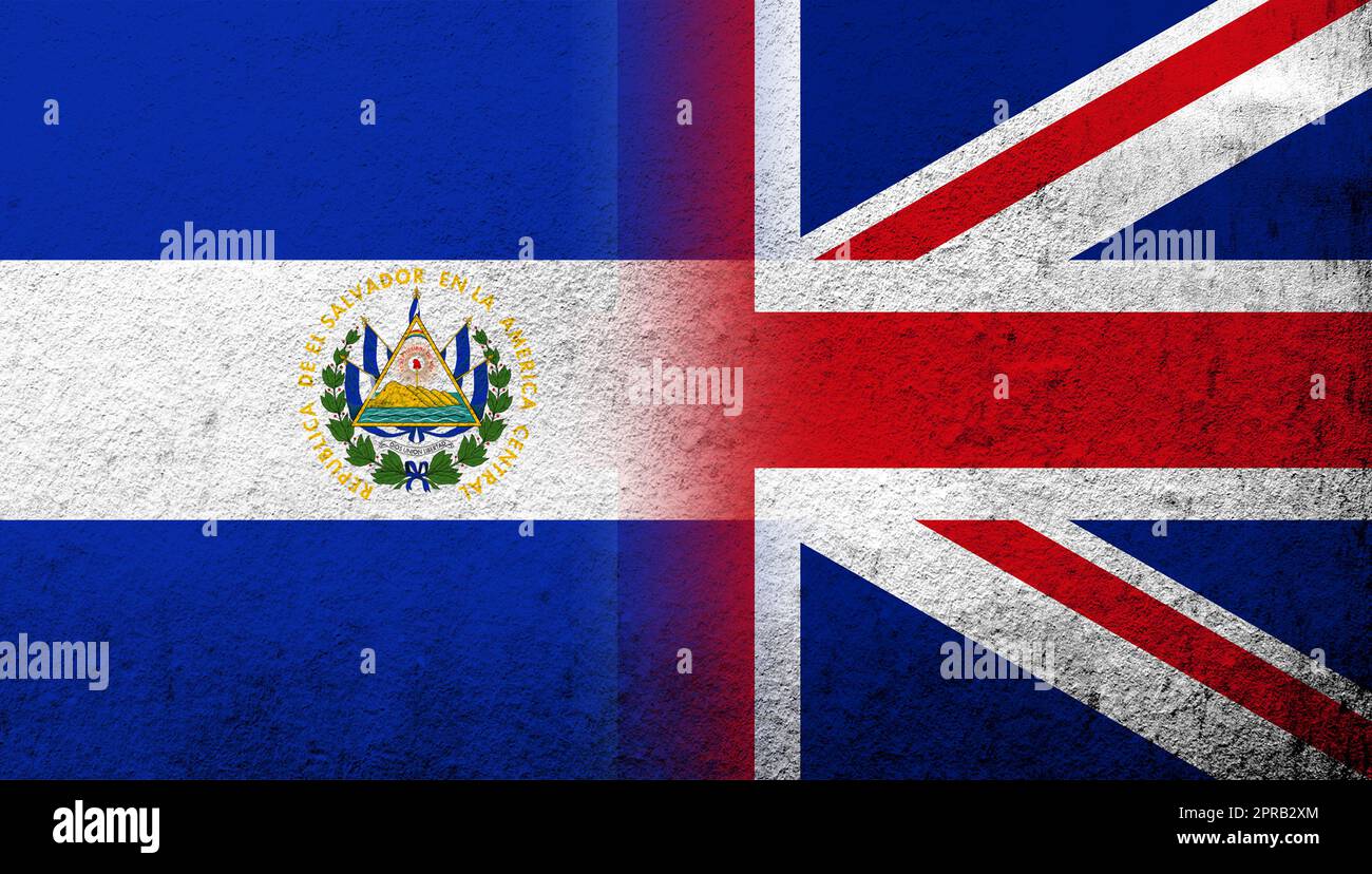 Bandiera nazionale del Regno Unito (Gran Bretagna) Union Jack con El Salvador bandiera nazionale. Sfondo grunge Foto Stock