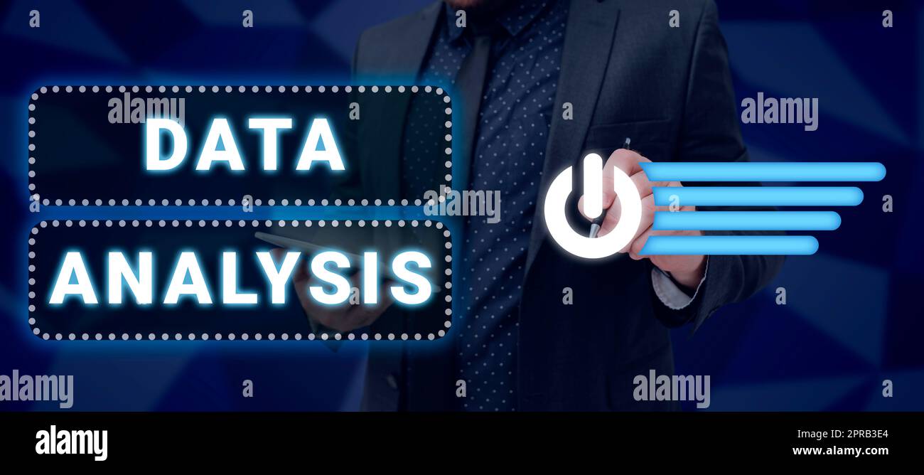 Segno che visualizza l'analisi dei dati. Idea aziendale tradurre i numeri in previsione delle conclusioni analitiche: Uomo che tiene tablet e penna puntando il pulsante digitale e presentando i dati. Foto Stock