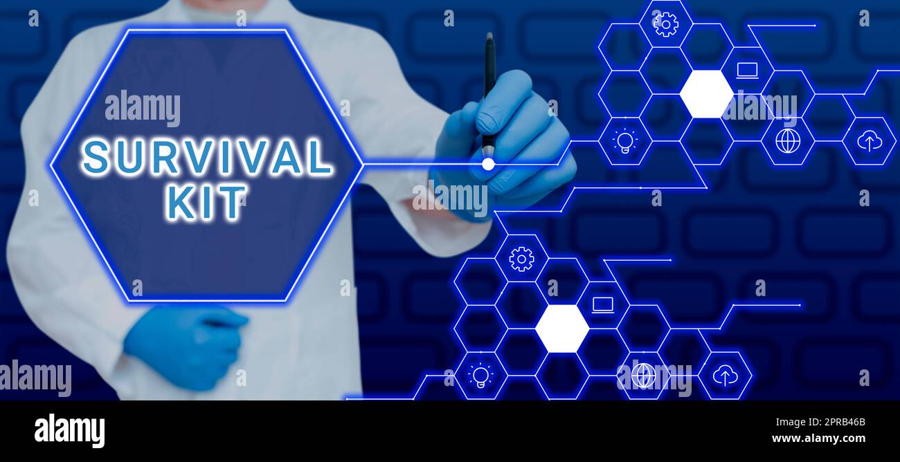 Kit sopravvivenza testo calligrafia. Vetrina aziendale attrezzature di emergenza raccolta di articoli per aiutare qualcuno medico a presentare esagono grafico con S e connessione globale. Foto Stock