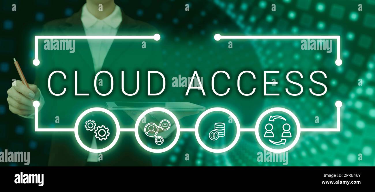 Accesso al cloud con didascalie concettuali. Strumento Word for software tra l'organizzazione e la donna del fornitore che tiene Una penna e un tablet con simboli digitali che fanno Una presentazione. Foto Stock