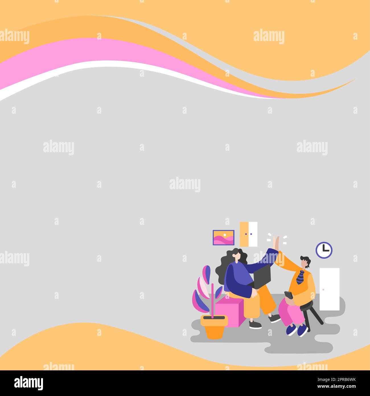 Colleghi che si batte le mani in ufficio. Lavorare insieme con i personaggi del disegno. Due lavoratori concordano con la stessa idea. Dipendenti che si prefiggono lo stesso concetto. Foto Stock