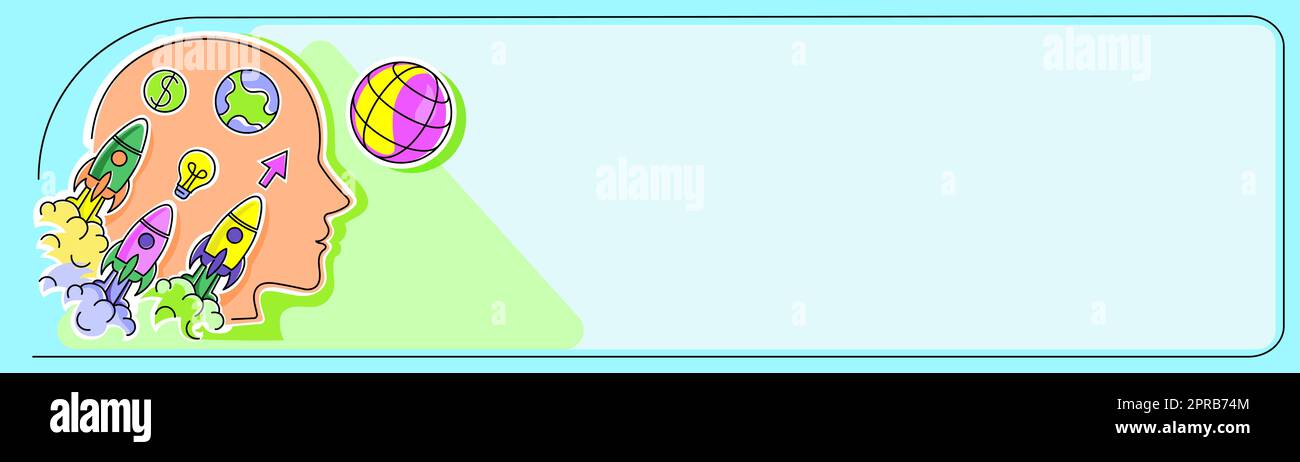 Testa Silhouette che esplodono di idee come Rocket Symbols. Uomo pensare nuove informazioni Cruziali. Uomo d'affari che mostra gli aggiornamenti con i simboli. Il dirigente sta prendendo le decisioni in mente. Foto Stock