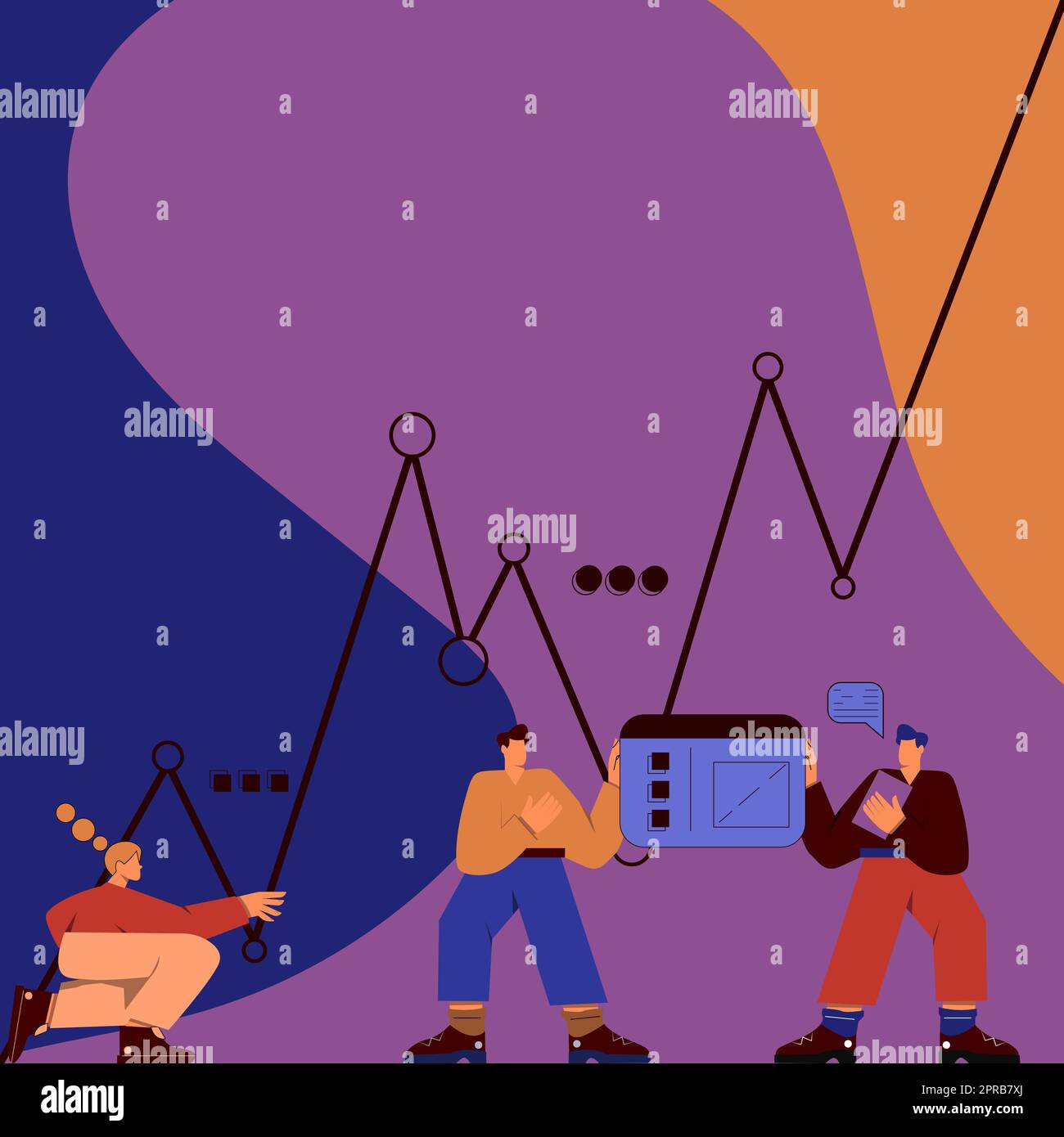 Tre uomini con corpi oversize preparando grafici che rappresentano la crescita del business e decreti. Colegues preparazione dell'installazione del grafico collegamento delle tabelle alla scheda Foto Stock