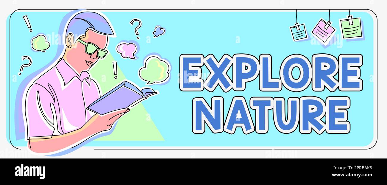 Didascalia concettuale Esplora la natura. Panoramica aziendale Reserve Campsite Conservation Expedition Safari Park uomo studiando libro imparare nuove strategie di business per raggiungere gli obiettivi. Foto Stock