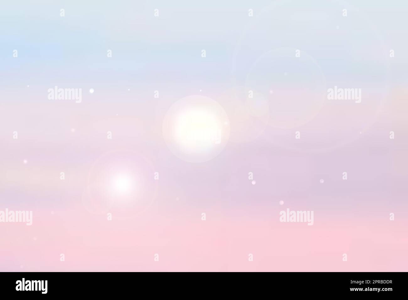 Illustrazione astratta del tramonto. Sfondo astratto di atmosfera serale o tramonto con oceano rosa chiaro, luci bokeh dai colori pastello e cielo blu soleggiato. Bel tramonto. Foto Stock