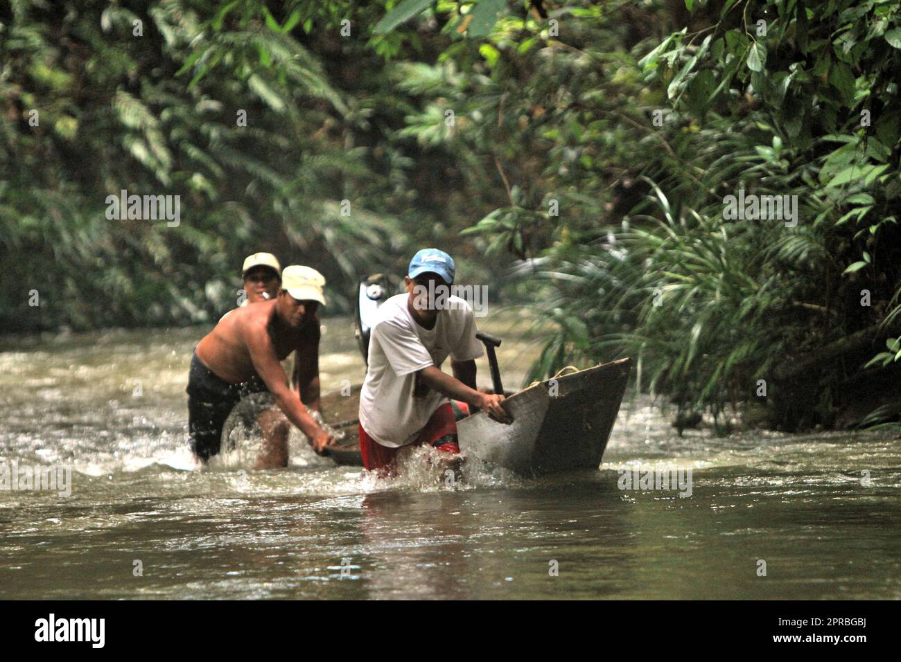 Uomini che spingono una barca per muoversi in acque poco profonde nel fiume, attraverso la foresta tradizionale di Dayak IBAN comunità tradizionale vicino Sungai Utik a Kapuas Hulu, Indonesia. La conoscenza indigena può essere una fonte unica di tecniche per l'adattamento al cambiamento climatico e può essere favorita rispetto alla conoscenza generata esternamente, secondo il rapporto del 2023 pubblicato dal Gruppo intergovernativo sui cambiamenti climatici (IPCC). La relazione ha aggiunto che la conoscenza indigena è una "importante fonte di orientamento per la conservazione della biodiversità, la valutazione d'impatto, la governance, la preparazione alle catastrofi e la resilienza”. Foto Stock