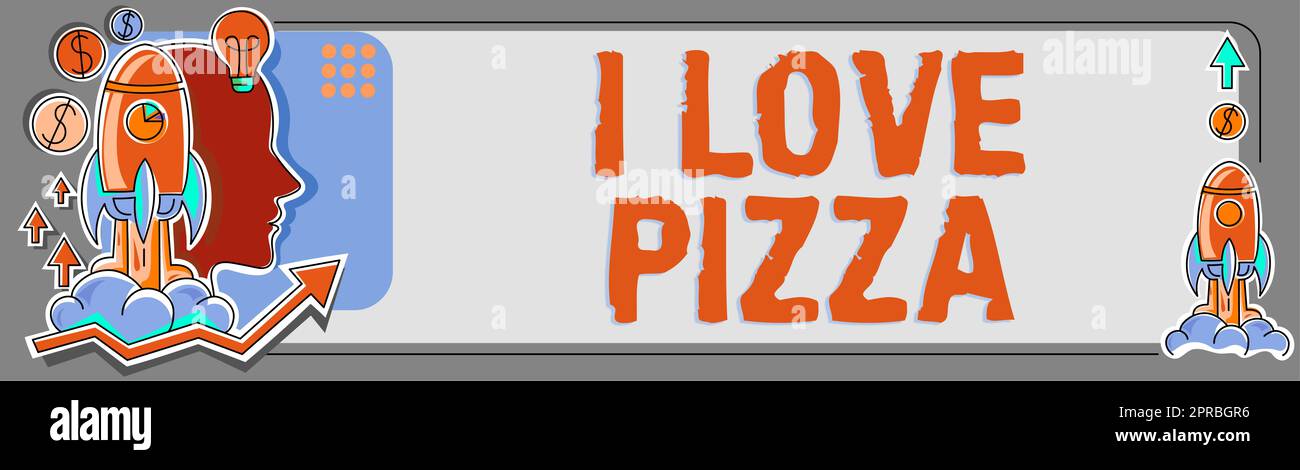 Didascalia di testo che presenta i Love Pizza. Panoramica aziendale per assomigliare molto al cibo italiano con formaggio prosciutto peperoni in fette uomo d'affari che ragiona recenti risultati Crutial sull'economia. Foto Stock