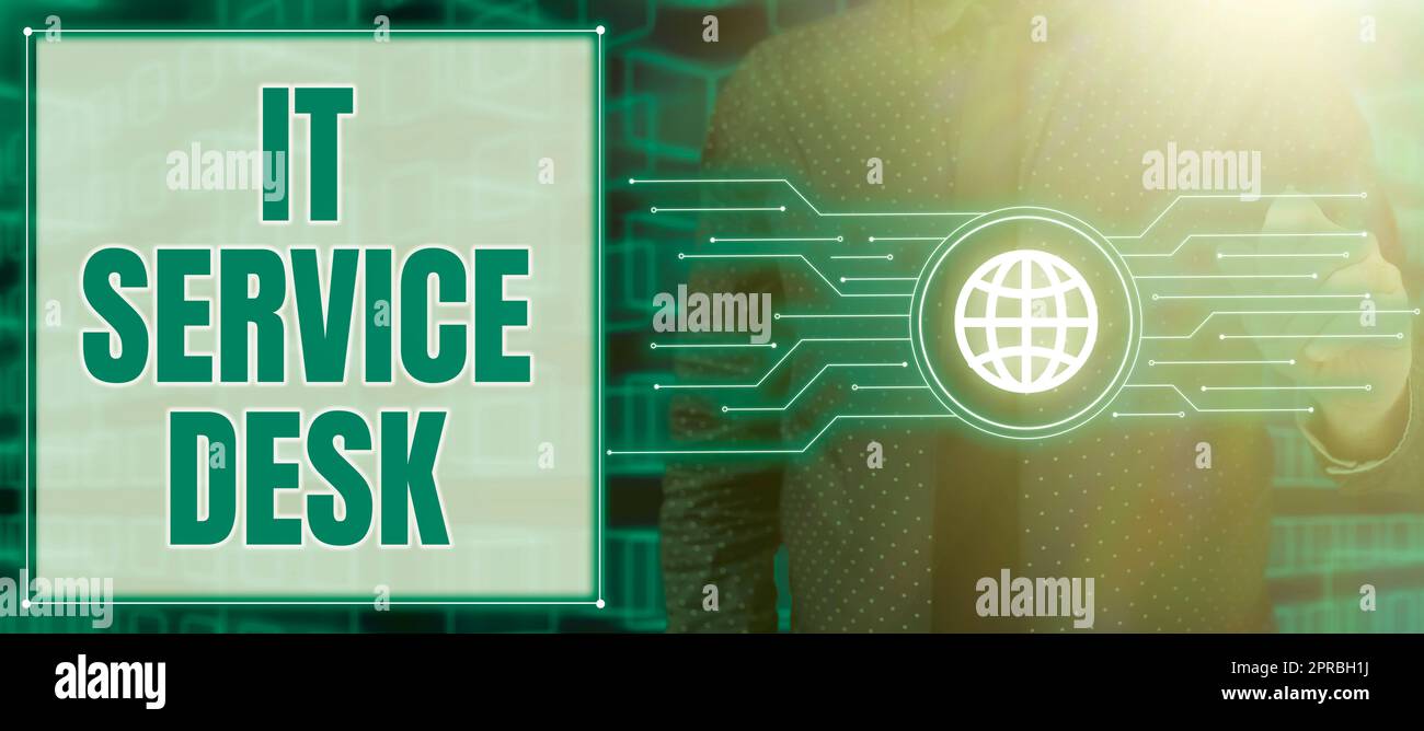 Scrivete a mano il testo IT Service Desk. Parola scritta sul supporto tecnologico Centro assistenza online uomo che punta su Un globo con linee brillanti e presenta idee. Foto Stock