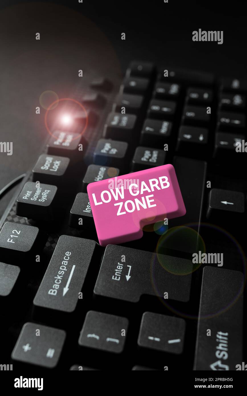 Ispirazione che mostra il segno Low Carb zone (zona carb bassa). Business vetrina sana dieta per perdere peso mangiare più proteine senza zucchero -48670 Foto Stock