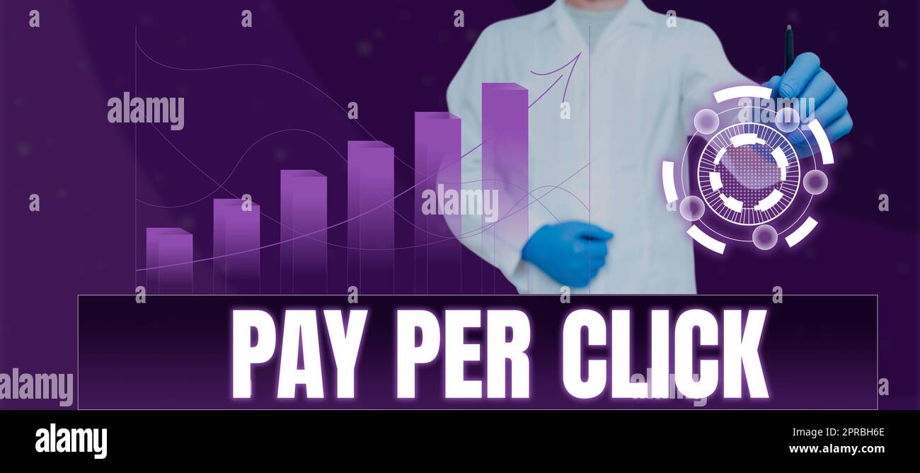 Didascalia concettuale pay per click. Idea di business modello di pubblicità Internet motore di ricerca strategia di marketing Doctor Pen on Digital Globe by Graph for Business Branding. Foto Stock