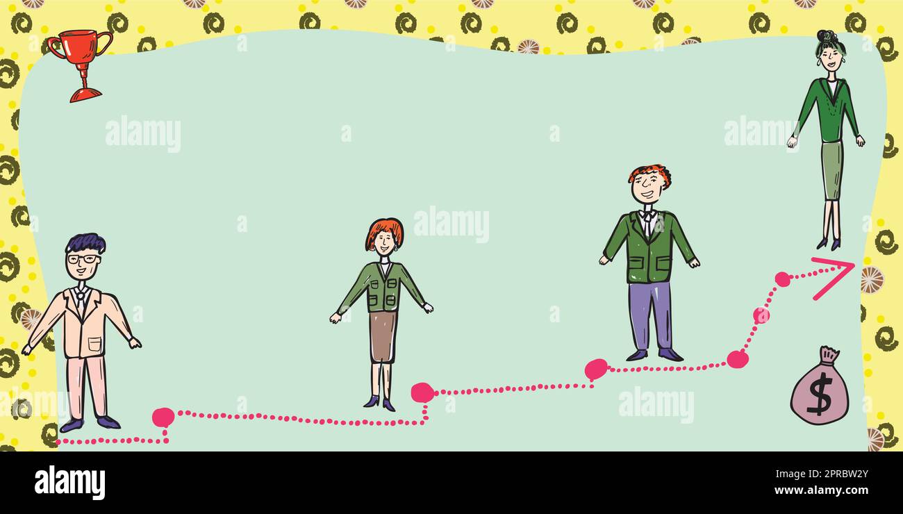 Business Team in piedi sulla scala per il successo con Trophy e Money Bag sui lati. Uomini d'affari e donne d'affari che presentano un importante messaggio per lo sviluppo. Illustrazione Vettoriale