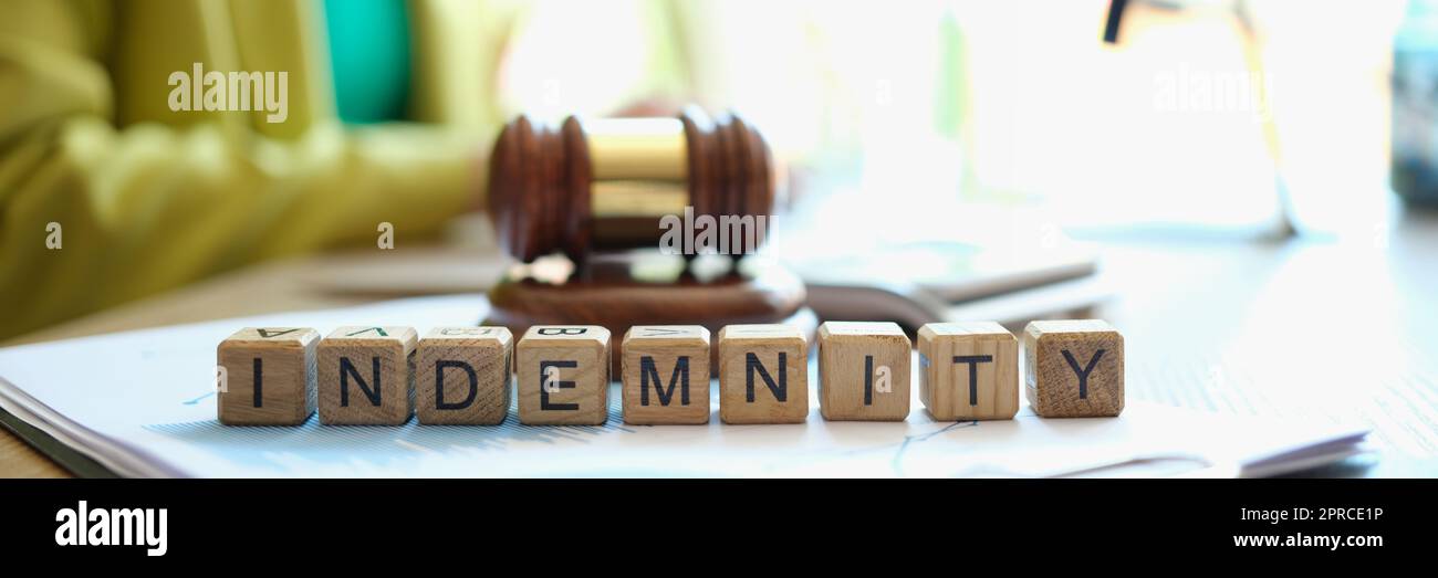 Giudice Gavel e parola indennità raccolti con cubi di legno in fila Foto Stock