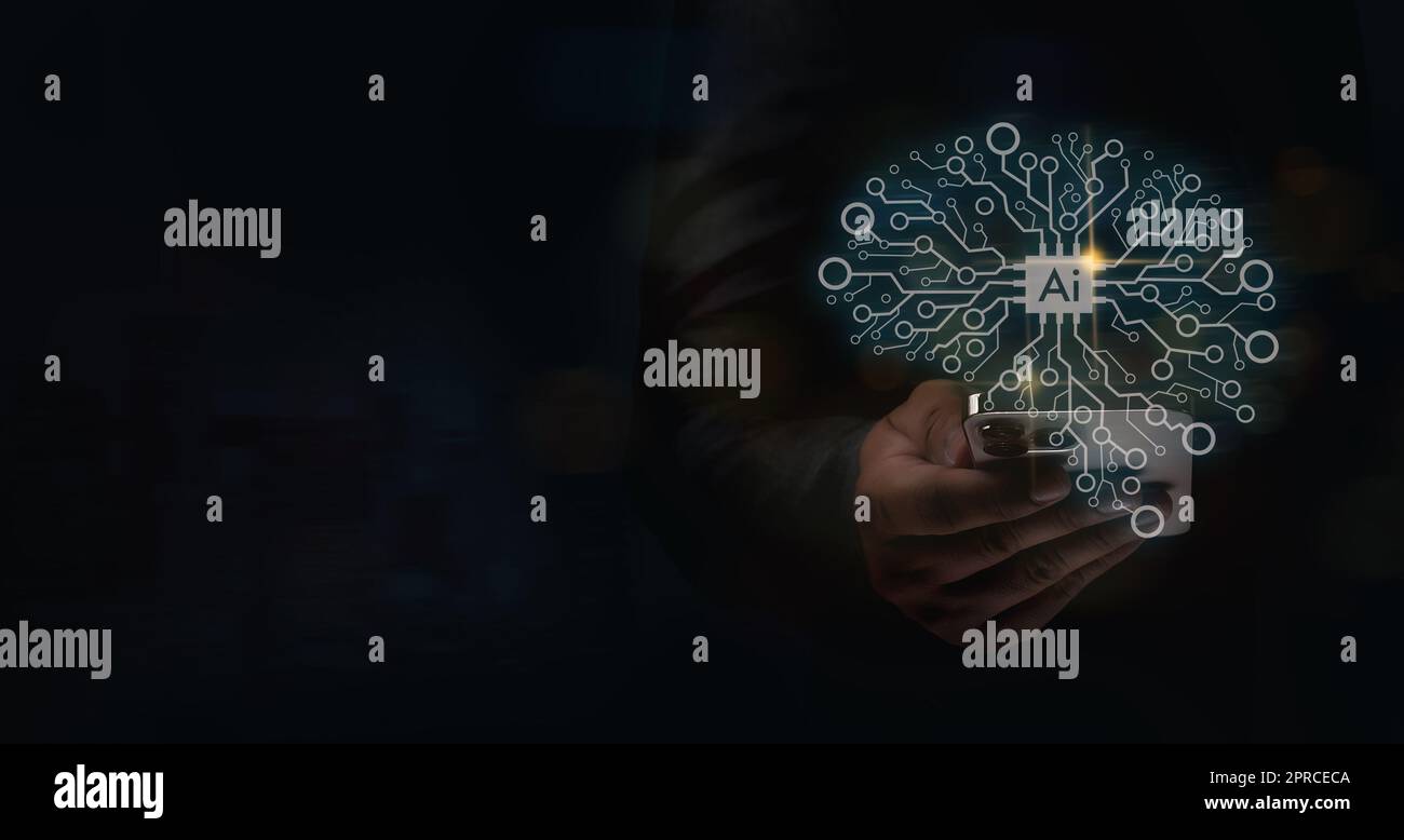 Intelligenza artificiale (ai) uomo d'affari mano di lavoro computer Big data connessione di rete tecnologia Internet Foto Stock