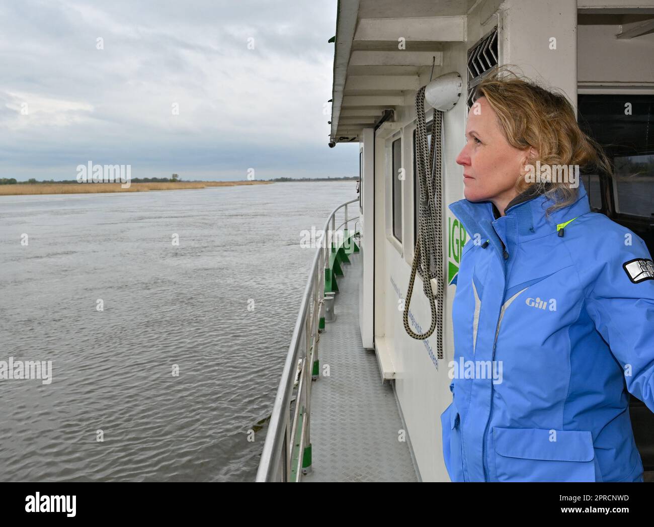 25 aprile 2023, Brandeburgo, Küstrin-Kietz: Steffi Lemke (Verdi), ministro federale dell'ambiente, è a bordo di una nave di ricerca dell'Istituto Leibniz di ecologia delle acque reflue e pesca interna (IGB), sul fiume Oder, al confine tedesco-polacco. Il politico ha appreso la situazione attuale dopo il disastro ambientale del 2022 durante una pesca scientifica a strascico lo stesso giorno. Foto: Patrick Pleul/dpa Foto Stock