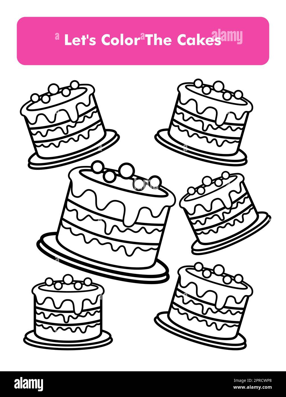 Torta di compleanno Coloring Book Page in Letter Page Size. Foglio di lavoro colorazione bambini. Elemento vettoriale premium. Illustrazione Vettoriale