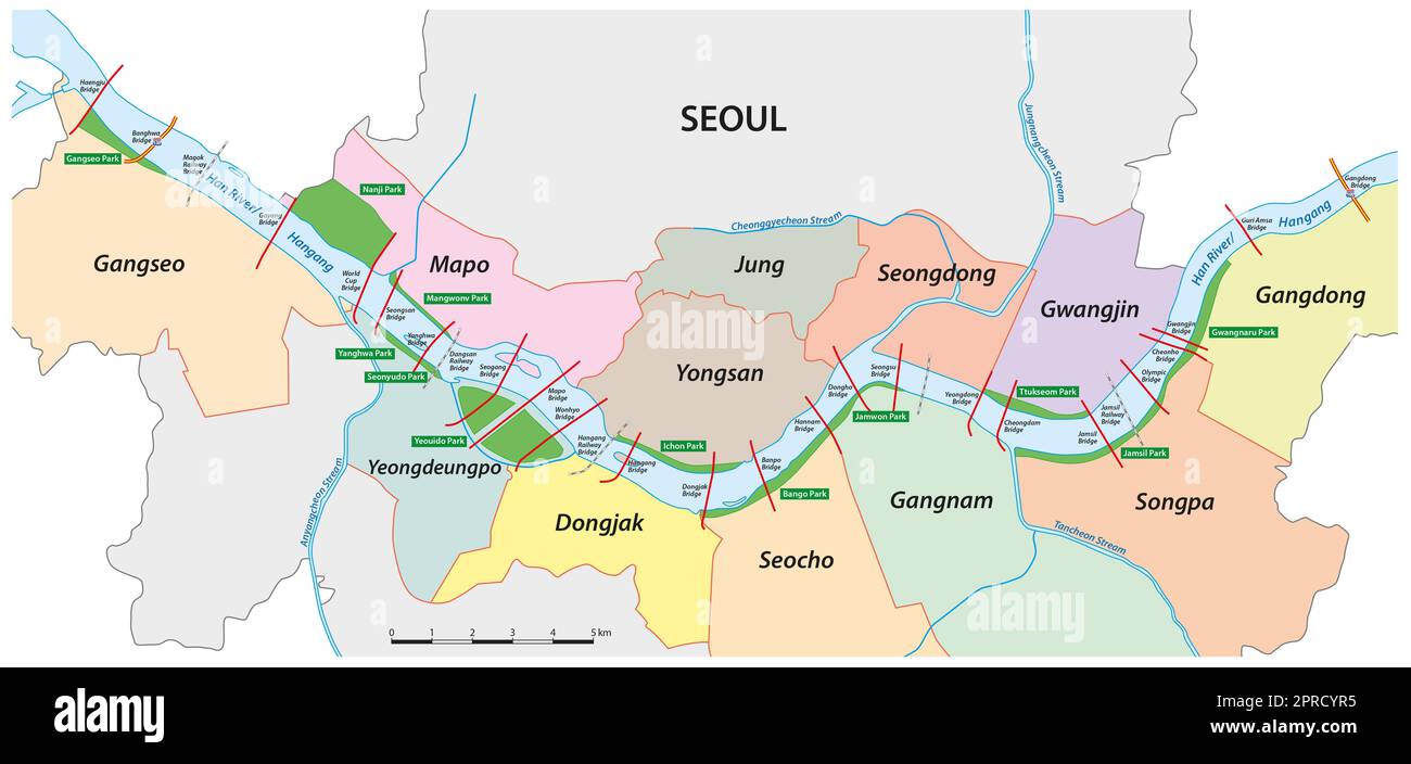 Mappa vettoriale di Hangang Park sul fiume Hang a Seoul, Corea del Sud Foto Stock