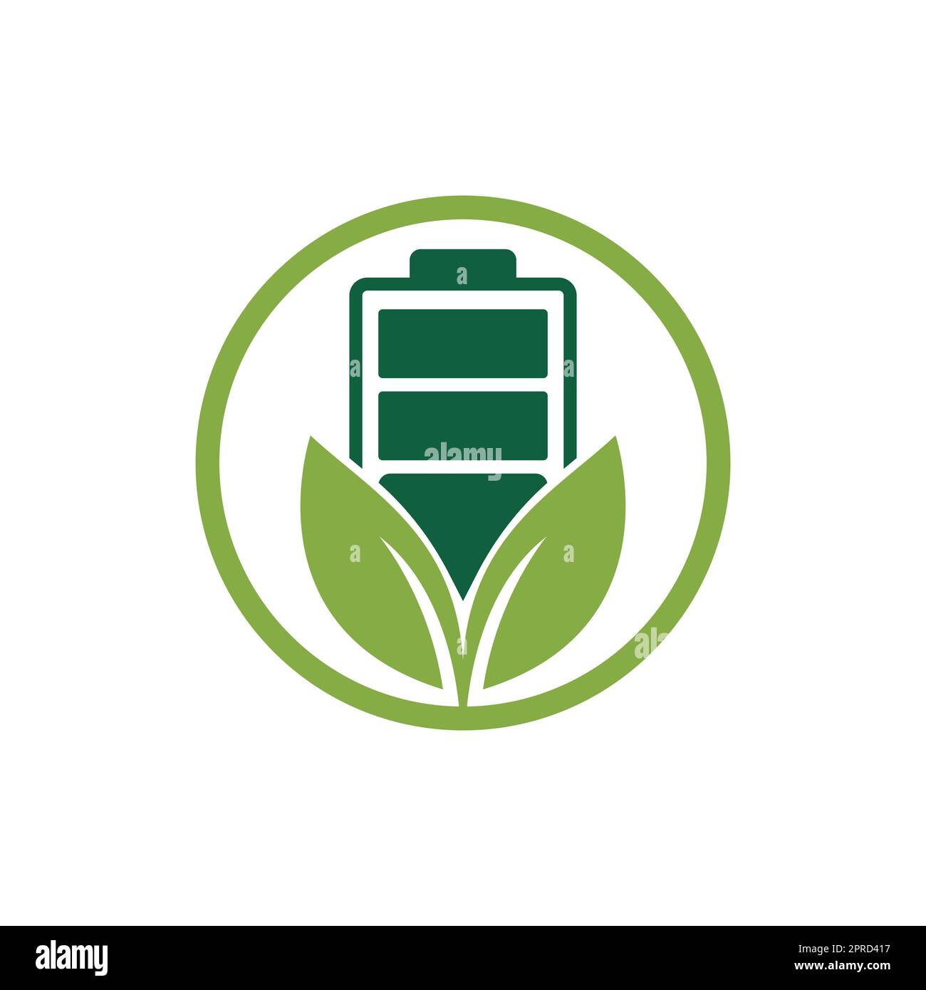 Design del logo Green Energy Vector. Foglia verde e cartello della batteria. Segnale batteria ECO. Illustrazione Vettoriale