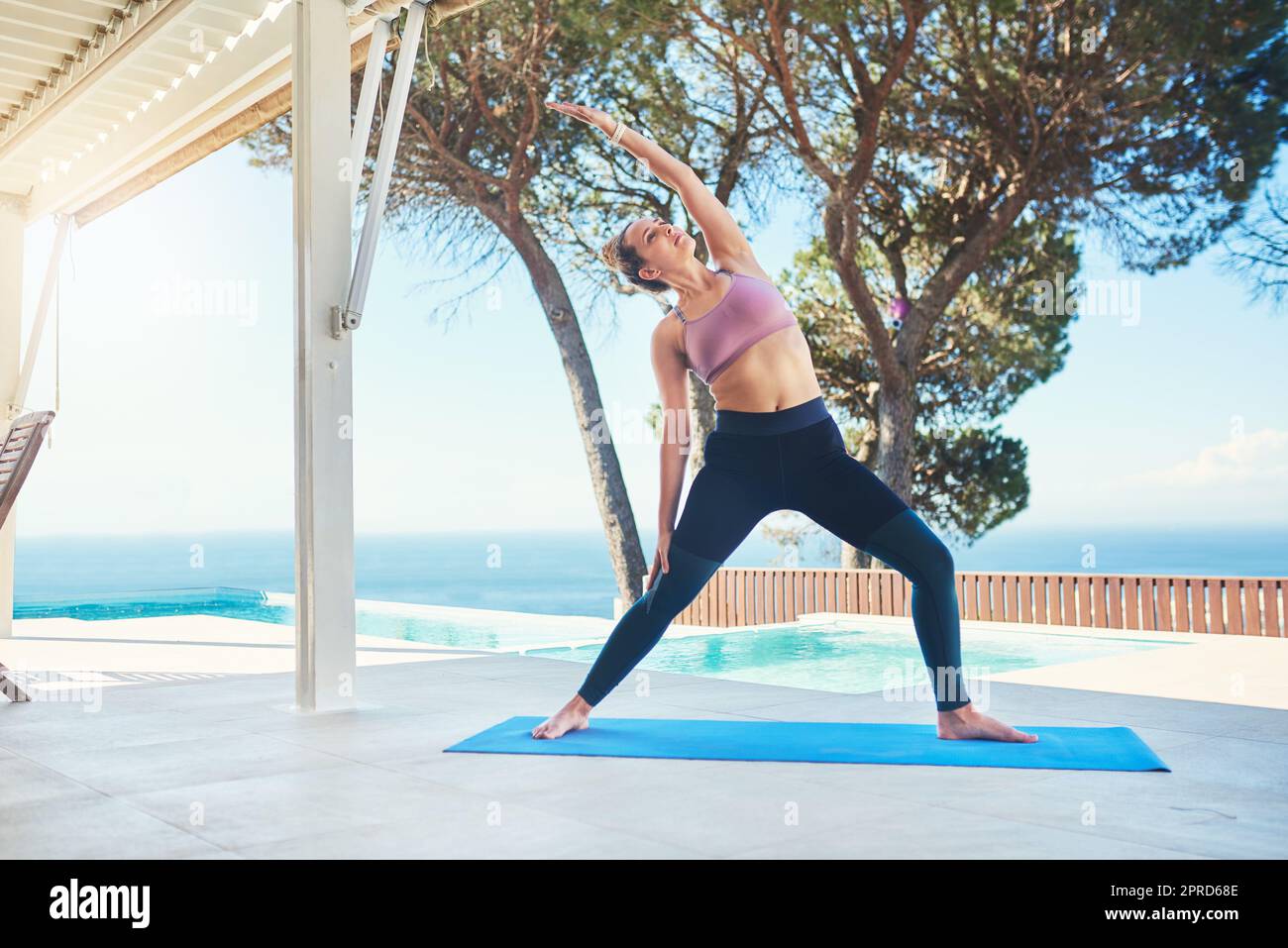 Lo yoga è il modo in cui si passa attraverso la vita. Una giovane atleta femminile che pratica lo yoga a casa. Foto Stock