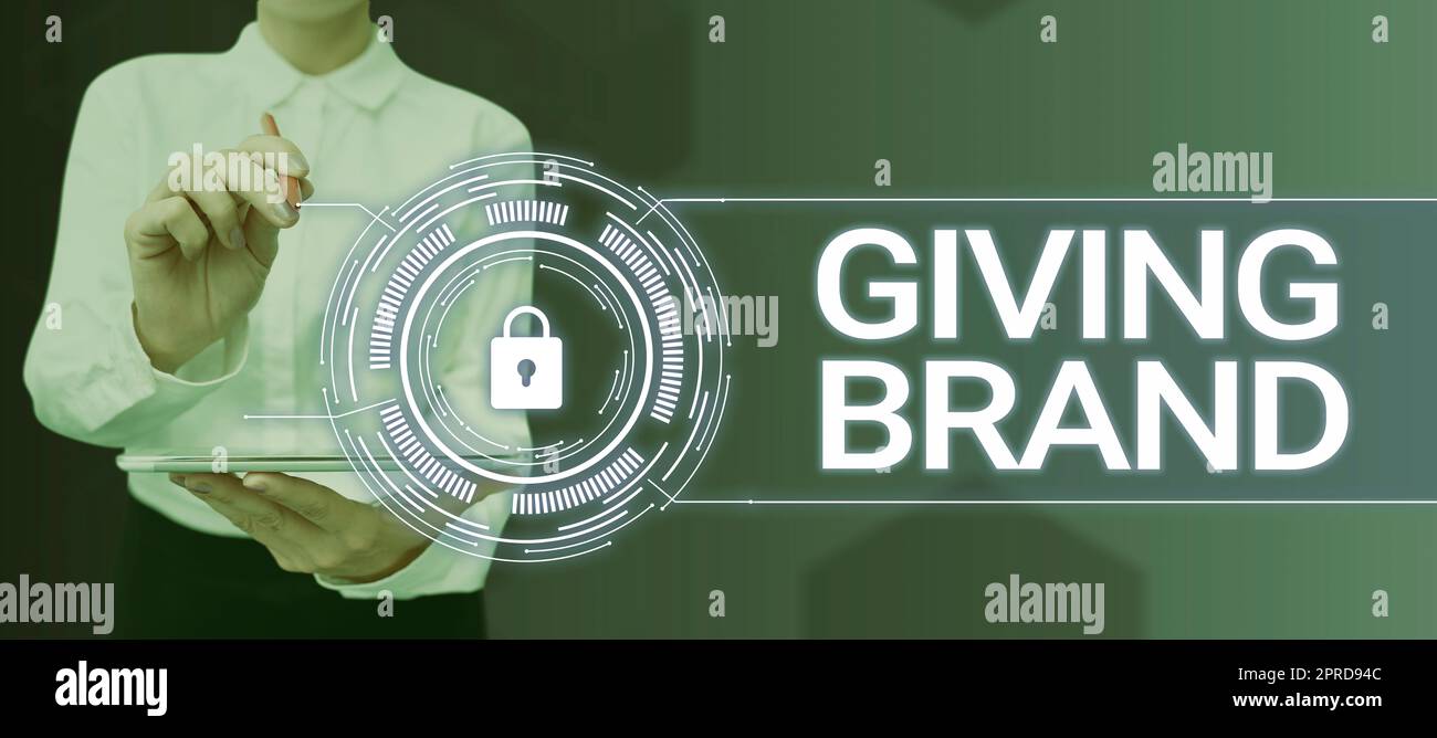 Ispirazione per mostrare il segno che dà il marchio. Concetto di business il processo di assegnazione di un nome a un uomo d'affari di prodotti o servizi aziendale in abito che tiene la palma aperta, simboleggia il successo del lavoro di squadra. Foto Stock