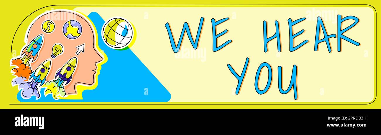 Testo calligrafico vi sentiamo. Business Concept Listening intensamente consulenza professionale consulenza di esperti Head silhouette esplode di idee come Rocket Symbols . Foto Stock