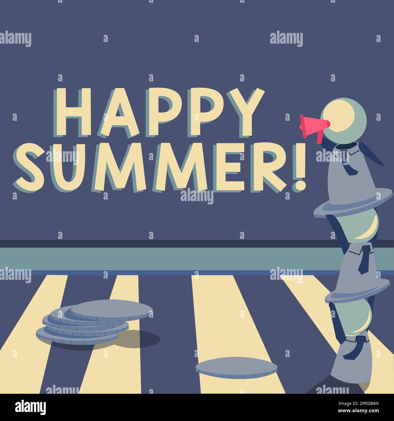 Cartello con la scritta Happy Summer. Vetrina d'affari spiagge Sunshine relax Warm Sunny Season Solstice Robots in piedi l'uno sopra l'altro e mostrando notizie importanti con Megaphone. Foto Stock